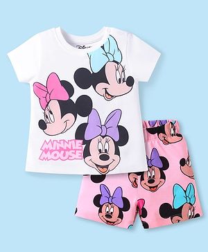 Babyhug Disney Single Jersey Knit Half Sleeves Shorts Night Suit with Minnie Mouse Graphics - Pink & White