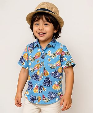 Babyhug Cotton Woven Half Sleeves  Shirt With Pineapple & Leaves Print - Light Blue