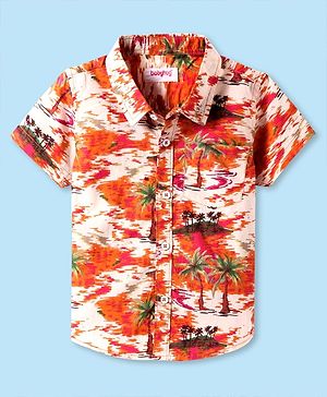 Babyhug Cotton Woven Half Sleeves Shirt with Beach Theme Print - Orange & Peach
