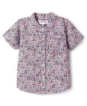 Babyhug Cotton Woven Half  Sleeves Mandarin Collar Printed Shirt - White