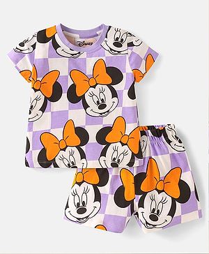 Babyhug Disney Single Jersey Knit Half Sleeves Shorts Night Suit With Minnie Mouse Print - White