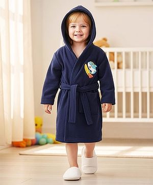 Babyhug Velour Knit Full Sleeves Bath Robe With Shark Embroidery - Navy Blue