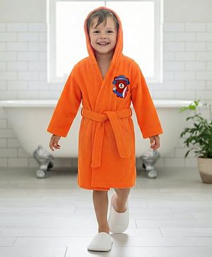 Babyhug Velour Knit Full Sleeves Bath Robe With Bear Embroidery - Orange