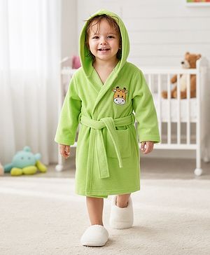 Babyhug Terry Knit Full Sleeves Hooded Bath Robe with Giraffe Patch - Green