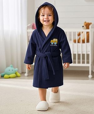 Babyhug Velour Knit Full Sleeves Bath Robe With Let's Travel Print - Navy Blue