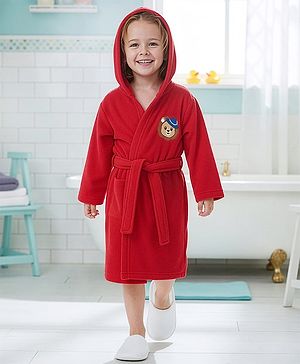 Babyhug Terry Knit Full Sleeves Hooded Bath Robe with Lion Embroidery - Red
