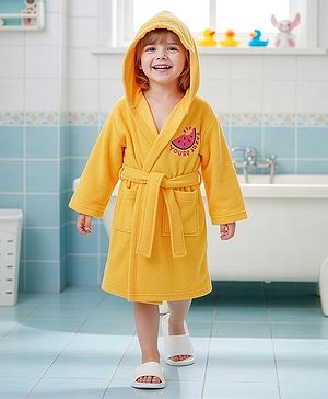 Babyhug Terry Knit Full Sleeves Hooded Bath Robe with Watermelon Embroidery - Yellow
