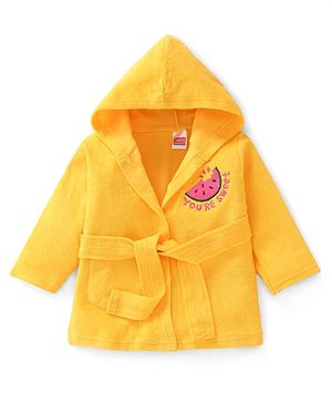 Babyhug Terry Knit Full Sleeves Hooded Bath Robe with Watermelon Embroidery - Yellow