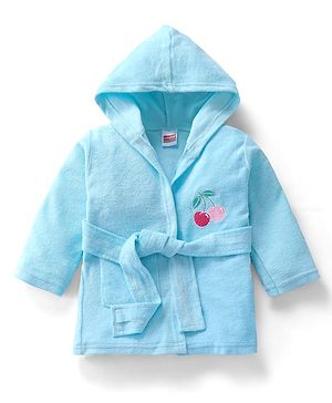 Babyhug Velour Knit Full Sleeves Hooded Bath Robe with Cherry Embroidery - Light Blue