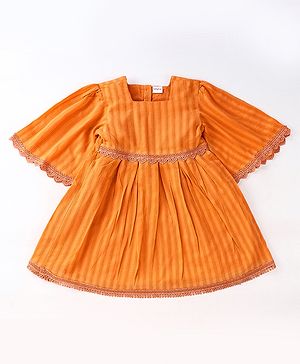 Babyhug Cotton Woven Half Flutter Sleeves Anti Bacterial Frock with Lace Detailing - Orange