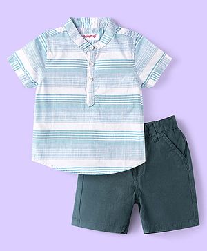 Babyhug Cotton Woven Half Sleeves Striped T-Shirt & Shorts Set - Green & White