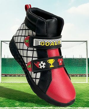 Hopits Checked & Goal Text Applique Detailed Sneakers With Velcro Closure - Red