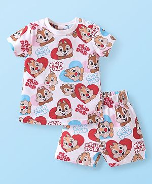 Babyhug Disney Single Jersey Knit Half Sleeves Shorts Night Suit with Chip N Dale Graphics -White