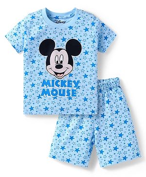Babyhug Disney Single Jersey Knit Half Sleeves Co-ords Shorts Night Suit with Mickey Mouse Graphics - Light Blue
