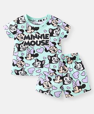 Babyhug Disney Single Jersey Knit Half Sleeves Short Night Suit with Minnie Mouse Graphics - Aqua Blue