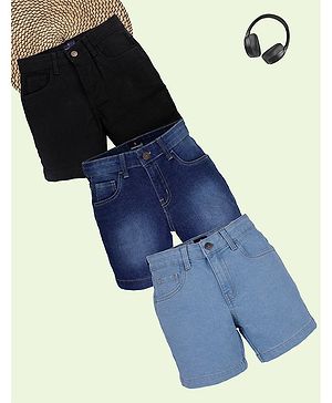 Kiddopanti Pack Of 3 Solid & Mild Washed Shorts - Black & Blue