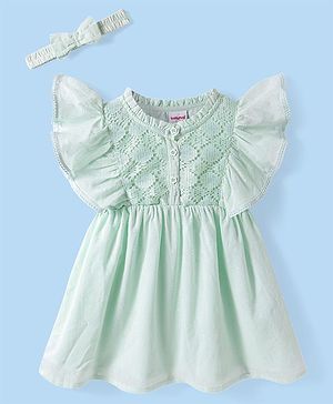 Babyhug Cotton Woven Frill Sleeves Frock & Head Band with Lace Detailing - Mint
