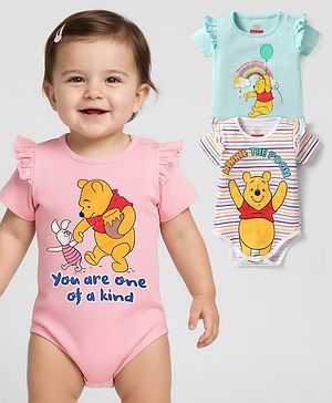 Babyhug Disney Interlock Knit Half Sleeves Onesies With Winnie The Pooh Graphics & Frill Detailing Pack of 3 - Pink Blue & White