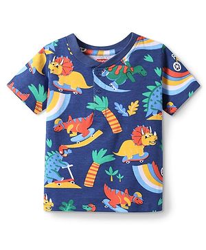 Babyhug Cotton Knit Half Sleeves Henley Neck T-Shirt with Dino Print - Navy Blue