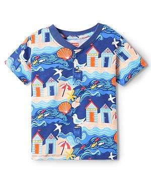 Babyhug Cotton Knit Half Sleeves Henley Neck T-Shirt with Beach Theme Print - Navy Blue