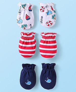 Babyhug 100% Cotton Knit Mittens with Stripe & Nautical Theme Pack of 3 - Red White & Navy Blue