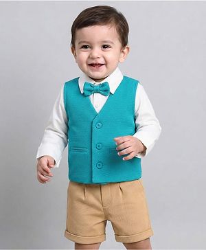 Babyhug Knit Full Sleeves Solid 3 Piece Party Suit With Bow - White Blue & Beige