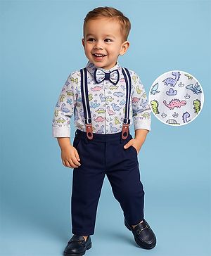 Babyhug Knit Full Sleeves Dino Printed Shirt & Pant with Bow & Suspender - Navy Blue & White