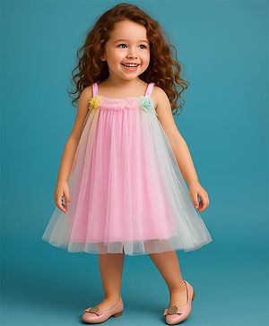 Babyhug Woven Mesh Sleeveless Party Wear Dress With Ruffles & Floral Applique - Pink