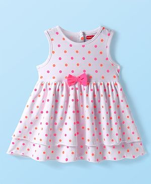 Babyhug Cotton Woven Sleeveless Frock with Polka Dots Print & Bow Applique - White