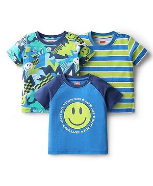 Babyhug Cotton Knit Half Raglan Sleeves T-shirt With Stripes & Smiley Print Pack Of 3 - Blue & Navy Blue
