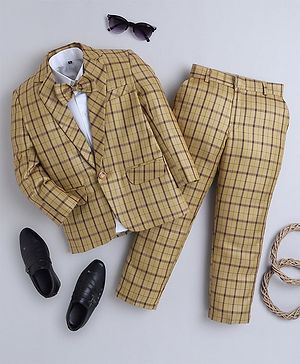 Jeet Ethnics Full Sleeves Checked 3 Piece Party Suit Set - Khaki