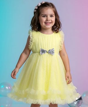 Babyhug Woven Frill Sleeves Party Mesh Dress with Bow Applique & Sequin Detailing - Yellow