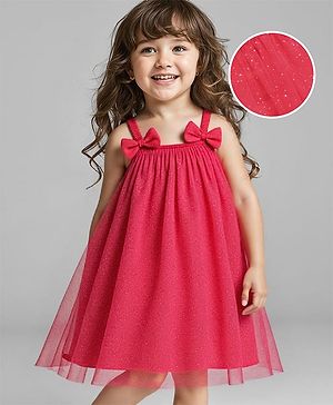 Babyhug Woven Sleeveless Shimmer Party A Line  Frock  With Ruffles Bow Applique - Coral