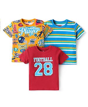 Babyhug Cotton Knit Half Sleeves T-Shirts with Stripes & Sport Theme Text Print Pack of 3 - Red Blue & Yellow