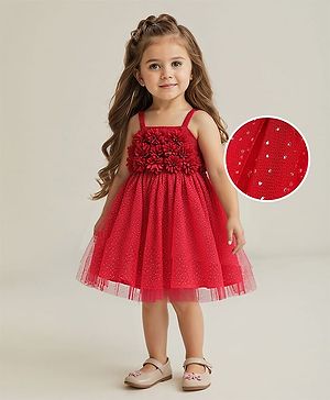 Babyhug Woven Sleeveless Party Dress With Floral Corsage & Glitter Print - Red