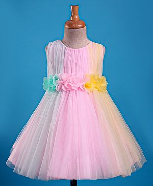 Babyhug Woven Sleeveless Mesh Fit And Flare Party  Dress With Flower Applique - Pink & Yellow