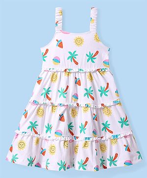 Babyhug Cotton Woven Sleeveless Tiered Frock with Tropical Theme Print - White