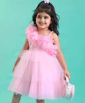 Babyhug Woven Sleeveless Mesh Fit And Flare One Shoulder Party Dress - Pink