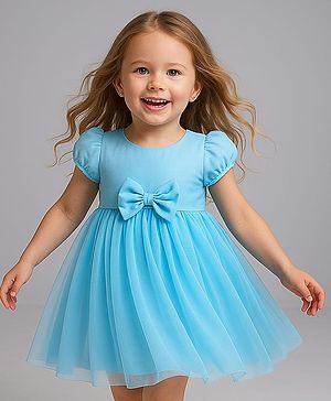 Babyhug Woven Cap Sleeves Party Wear Frock With Bow Applique - Light Blue