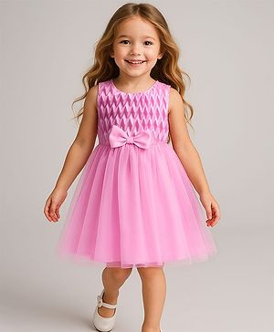 Babyhug Woven Sleeveless Party Wear Dress With Textured Design On Yoke & Bow Applique - Pink