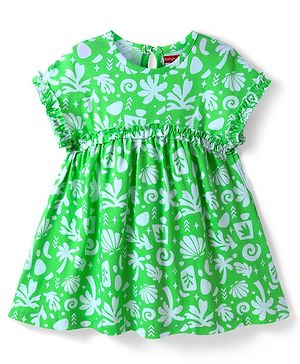Babyhug Cotton Woven Half Sleeves Frock with Tropical Theme Print - Green