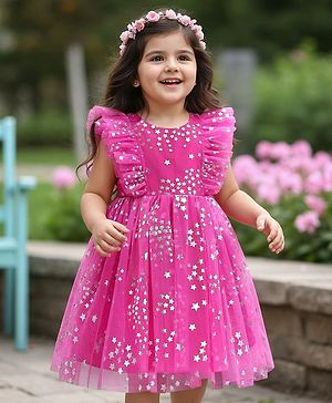 Babyhug Woven Sleeveless Party Wear Frock With Star Foil Print & Frill Detailing - Fuschia