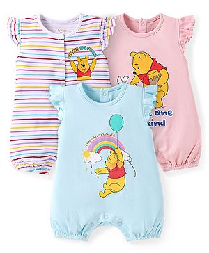 Babyhug Disney Interlock Knit Frill Sleeves Rompers With Winnie The Pooh Graphics Pack Of 3 - Light Blue & Pink
