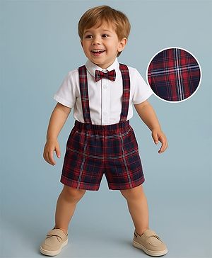 Babyhug Woven Half Sleeves Solid Color Shirt with Checkered Shorts with attached Suspender & Bow - White Navy & Red