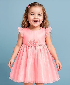 Babyhug Woven Frill Sleeves Party Dress With Floral Corsage - Peach