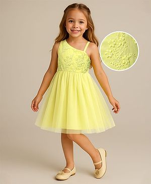 Babyhug Woven Sleeveless Party Dress With Floral Embroidery - Yellow