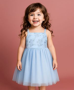 Babyhug Woven Sleeveless Mesh Party Dress With Floral Embroidery - Light Blue