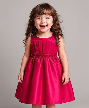 Babyhug Sleeveless Premium Satin 5 Layers Fit & Flare Party Dress With Pleated Ruffles on Yoke and Cotton Lining - Dark Pink