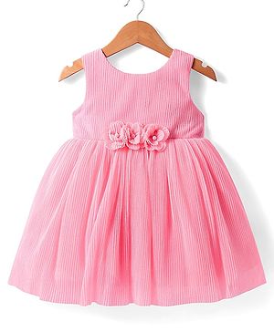Babyhug Woven Sleeveless Fit & Flare Pleated Solid Color Party Dress with Floral Corsage - Pink