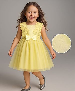 Babyhug Woven Sleeveless Fit & Flare Party Dress with Lace & Bow Applique - Yellow